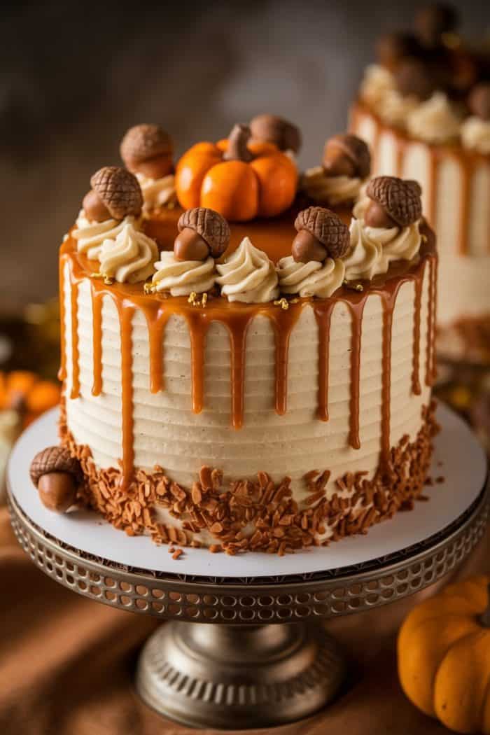A beautifully decorated fall-themed cake on a stand. It features smooth white frosting, caramel drips, and is topped with acorns and a small pumpkin. Shredded brown chocolate flakes adorn the base, creating an autumnal feel.