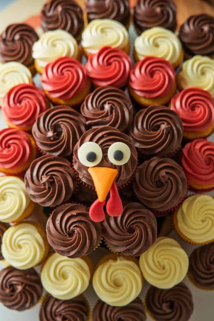 A cupcake arrangement resembling a turkey, with cupcakes topped with brown, red, and ivory swirls. The center features a turkey face made of fondant eyes, a beak, and a wattle.