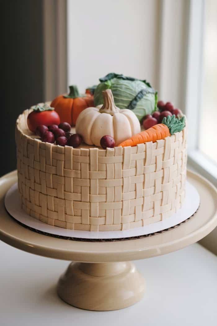 A cake with basket-weave frosting, topped with realistic fondant vegetables and fruits, including pumpkins, cabbages, grapes, tomatoes, and carrots, sits on a light brown cake stand by a window.