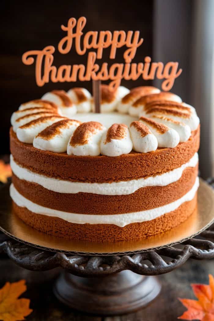A three-layer pumpkin spice cake with white frosting and a "Happy Thanksgiving" topper. The cake is displayed on an ornate stand, surrounded by autumn leaves.