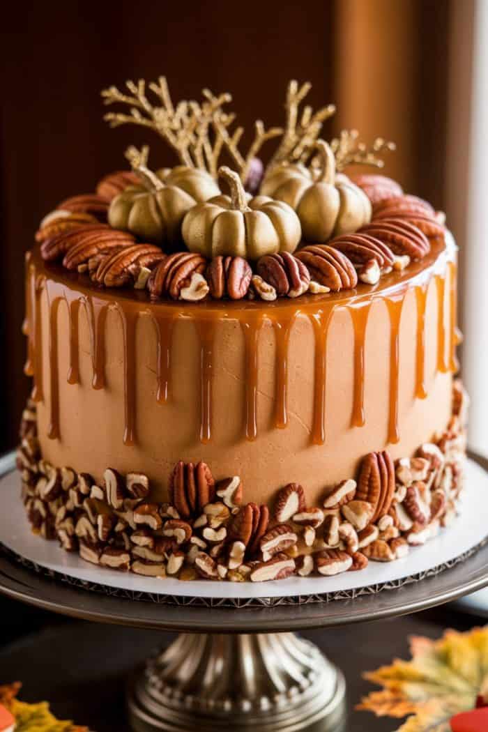 A beautifully decorated autumn-themed cake with caramel dripping down the sides. The top features golden mini pumpkins and a ring of pecans, while the base is coated with chopped nuts. The cake sits on an ornate cake stand.