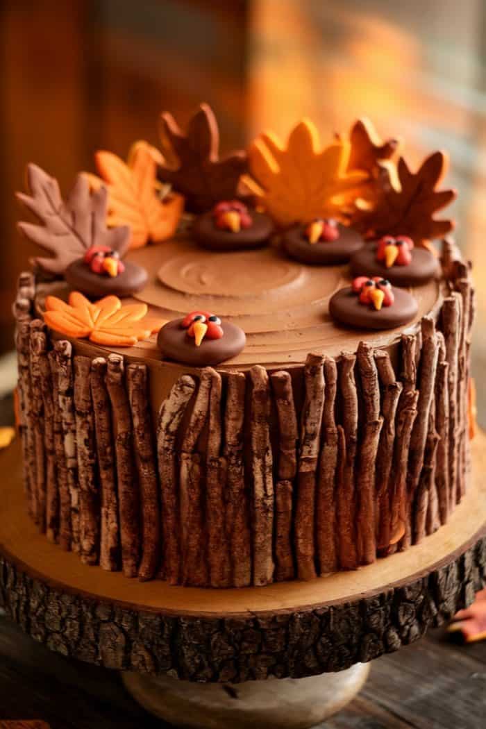 A rustic, autumn-themed cake decorated with chocolate sticks on the sides resembling tree bark. The top features chocolate turkeys and fondant orange leaves, placed on a wooden cake stand against a warm background.