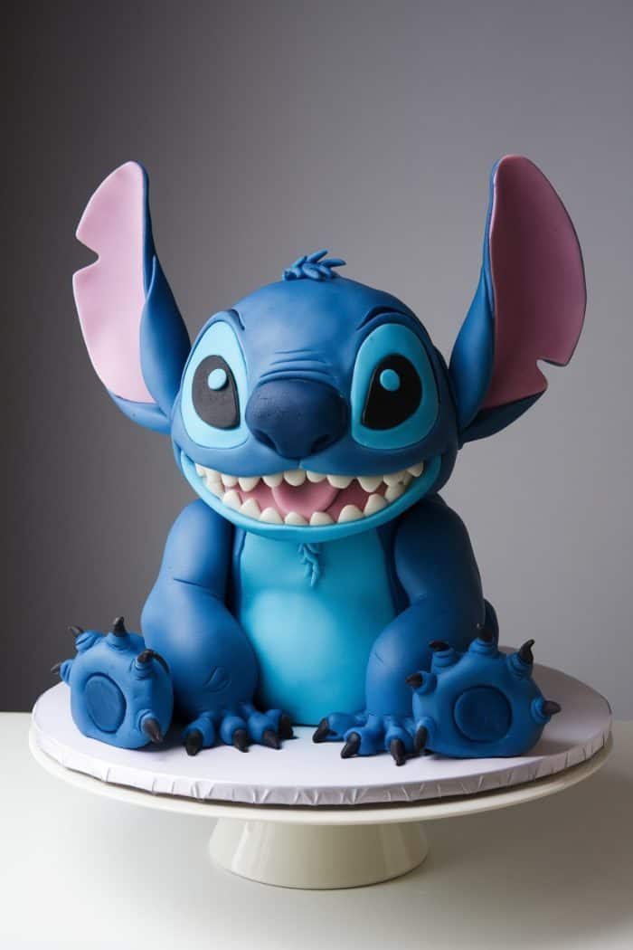 Cake shaped like a blue alien character with large ears and a big grin, displayed on a white cake stand.