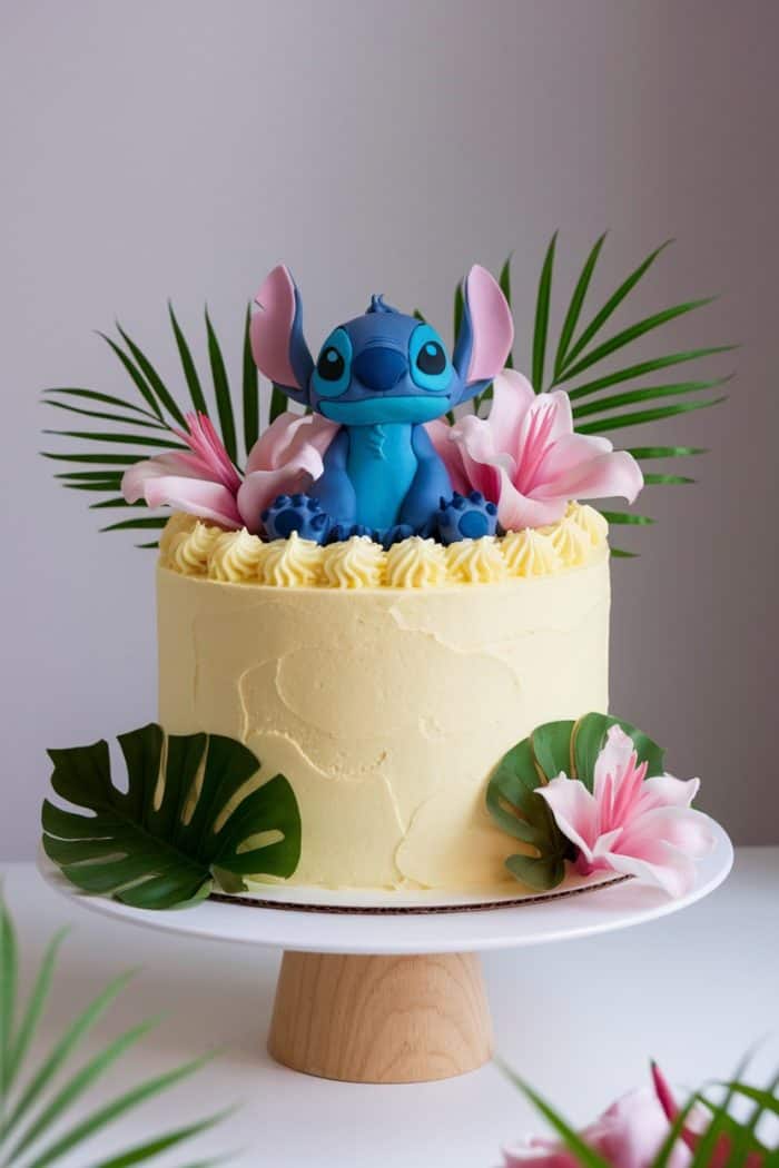 A yellow frosted cake topped with a blue cartoon character figure, surrounded by pink flowers and green leaves. The cake is placed on a white plate with a wooden stand.