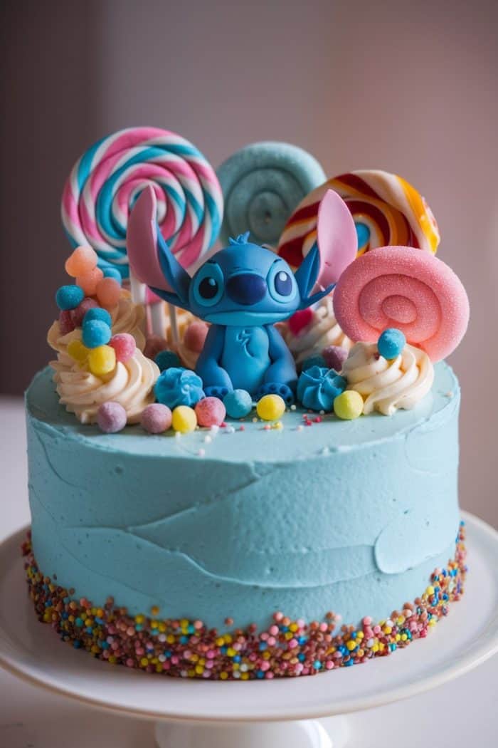 A whimsical blue cake decorated with colorful lollipops, candy, and a figurine of a blue character with large ears. The base is adorned with multicolored sprinkles.