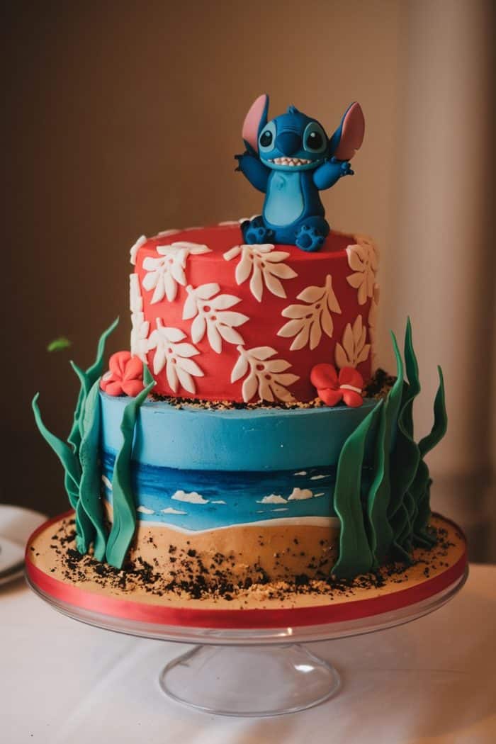 A two-tiered cake with a beach theme. The bottom tier features sand and ocean waves, while the top tier is red with white leaf patterns. A blue cartoon character figurine is on top, surrounded by green leaf decorations and red flowers.