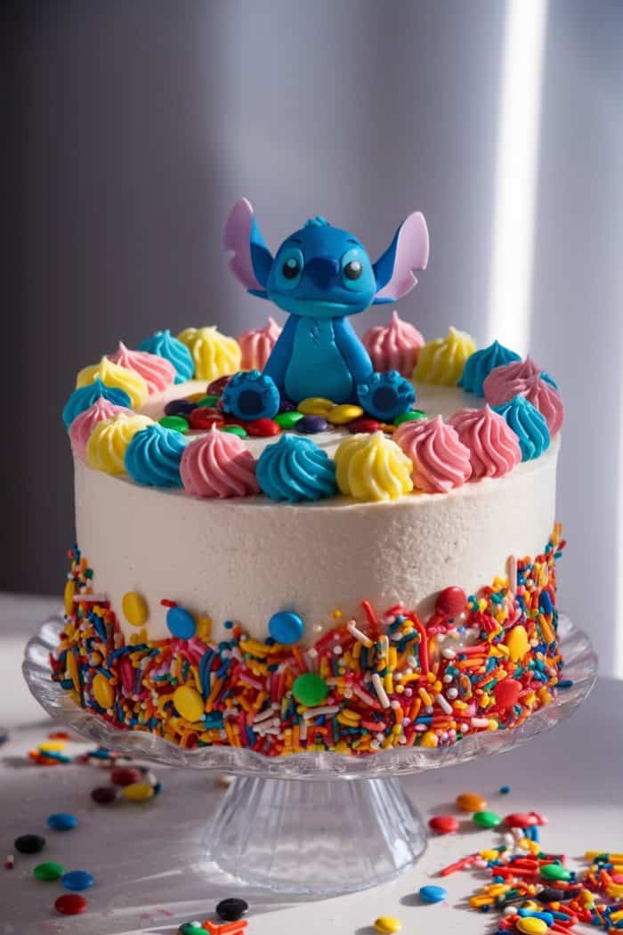 A colorful cake topped with a blue cartoon character figure. The cake is decorated with swirls of pink, yellow, and blue frosting and is surrounded by vibrant sprinkles and candies. It sits on a glass cake stand.