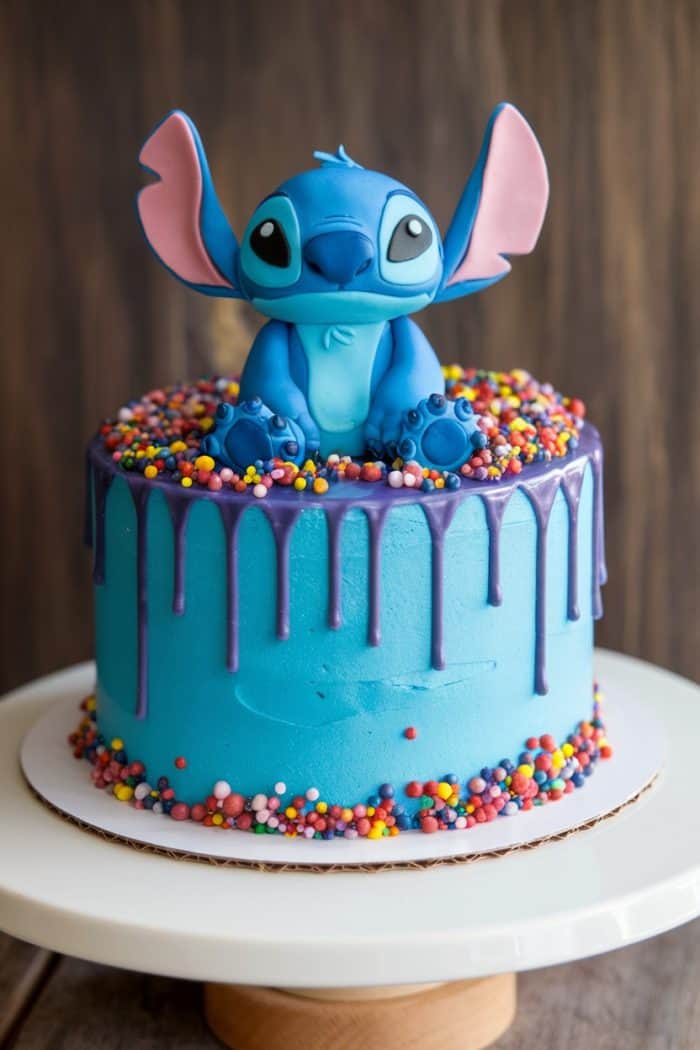 A blue cake with a purple drip design is topped with a cute blue character figure. Colorful sprinkles decorate the top and bottom edges of the cake. It sits on a white cake stand against a wooden background.
