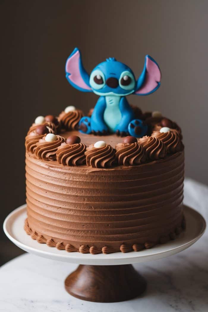 A chocolate cake with textured frosting on a wooden cake stand. It is decorated with swirls of icing and white chocolates, topped with a blue, cartoon alien figure.