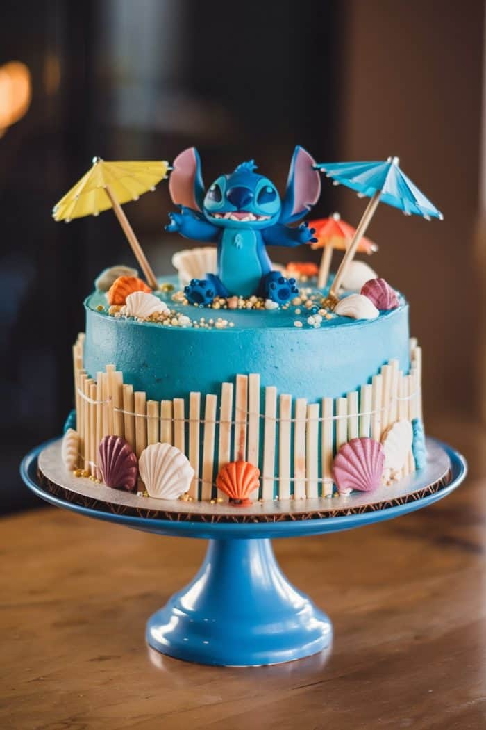 A blue cake decorated with a small blue figurine on top, surrounded by colorful paper umbrellas and edible seashells. The sides feature fence-like white chocolate sticks. The cake sits on a matching blue stand.