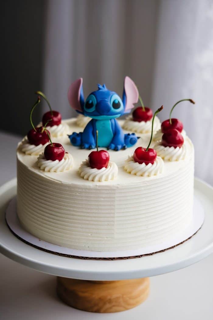 A white frosted cake topped with a small blue alien figurine and eight red cherries. The cake is displayed on a round white stand against a light background.