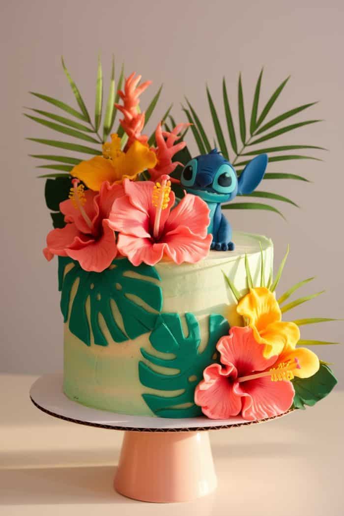 A colorful cake decorated with tropical leaves and vibrant hibiscus flowers features a blue cartoon character on top. The cake is displayed on a light pink stand against a plain background.