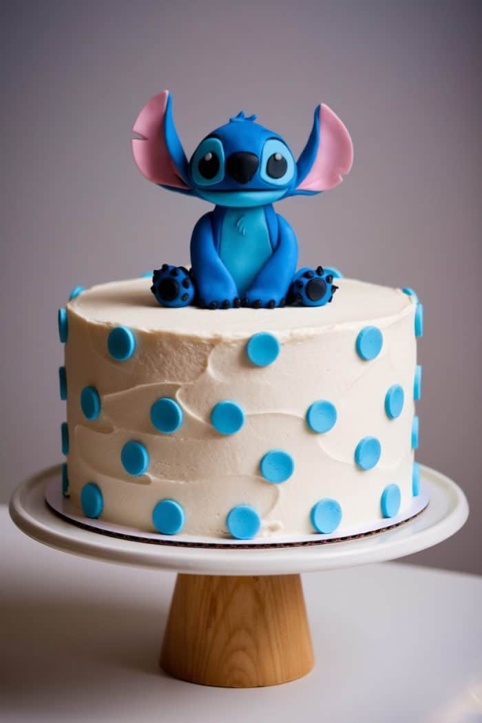 A cake with white frosting, decorated with blue polka dots, featuring a fondant figurine of a blue alien character on top, placed on a wooden cake stand.