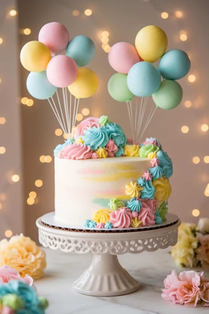 A pastel-themed cake with pink, yellow, and blue frosting flowers sits on a decorative stand. Topped with clusters of fondant balloons in similar colors, the cake is set against a backdrop of soft twinkling lights.