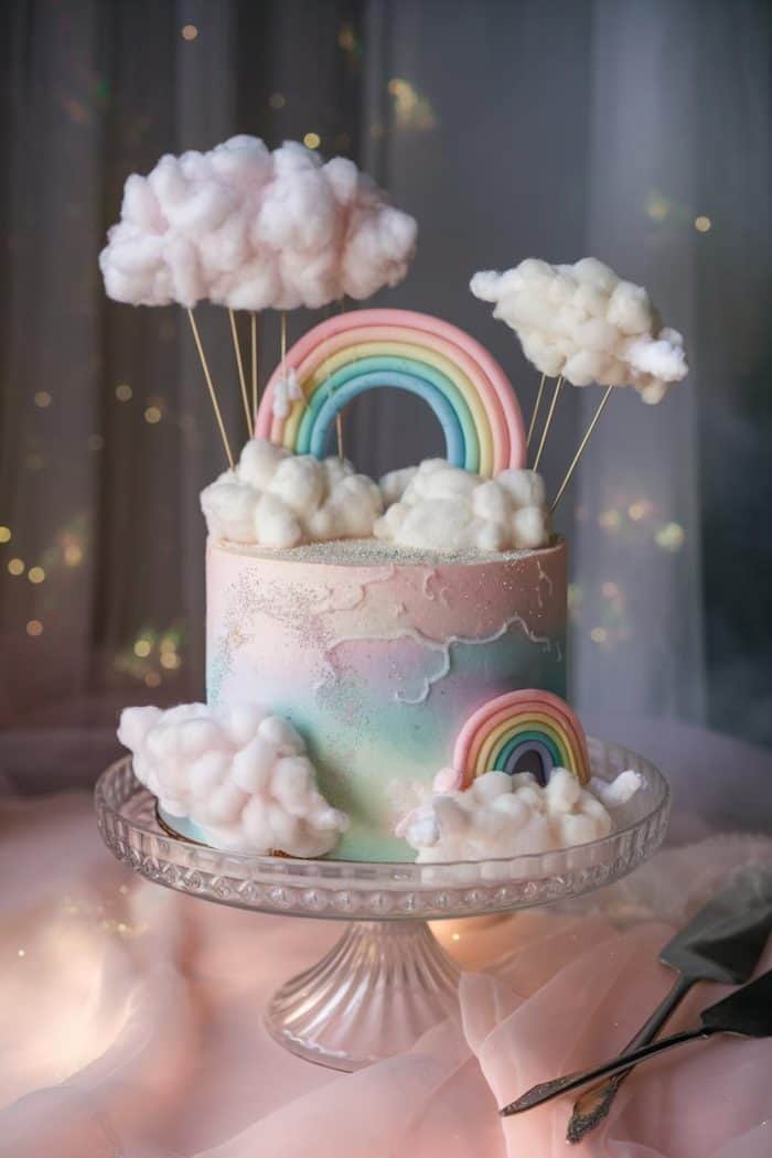 A pastel-colored cake decorated with rainbow arches and fluffy cotton clouds sits on a glass cake stand. The cake features soft, dreamy colors and has a whimsical, ethereal theme.