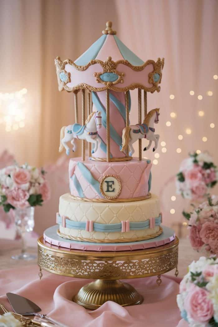A carousel-themed cake with pastel blue and pink decorations. It features a carousel top with horse figures and an initial "E." Floral arrangements are in the background, along with sparkling lights. The cake sits on a decorative gold stand.