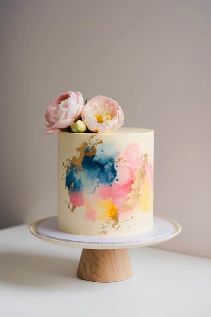 A tall cake on a wooden stand, decorated with pink and gold watercolor-style splashes and topped with pink peonies.