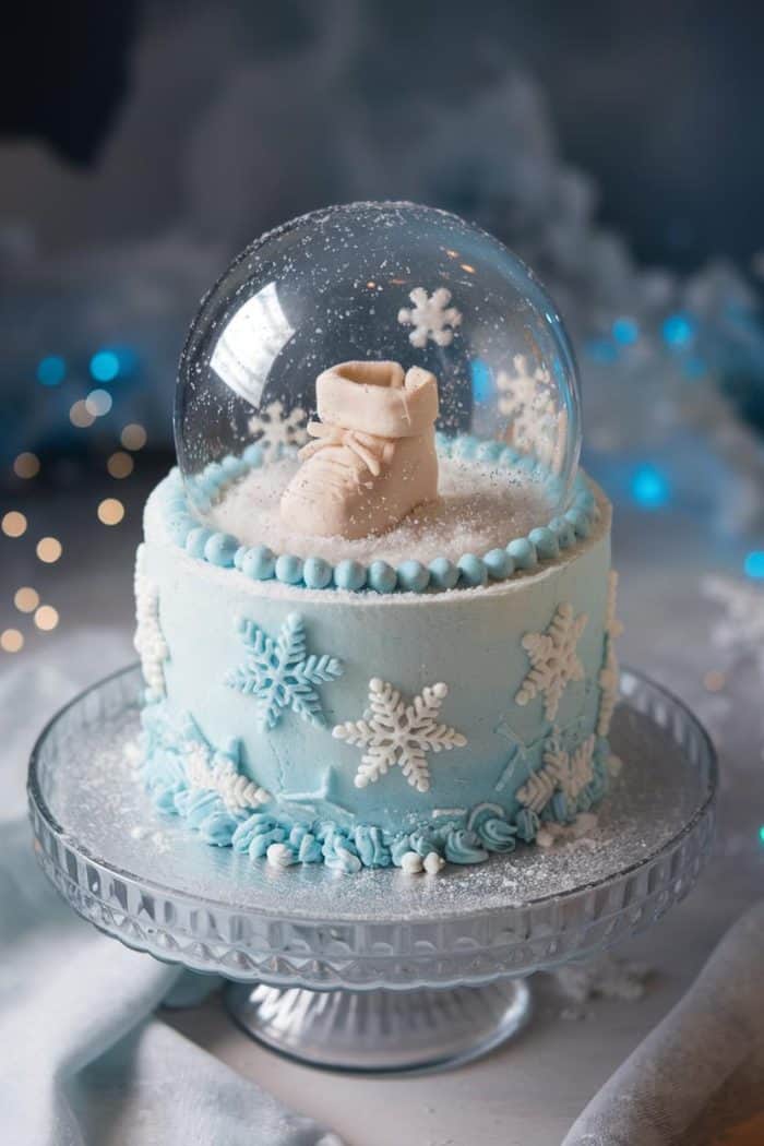A winter-themed cake on a glass stand, decorated with white snowflakes on light blue icing. The cake is topped with a snow globe containing a small white boot and more snowflake designs. Soft festive lighting is in the background.