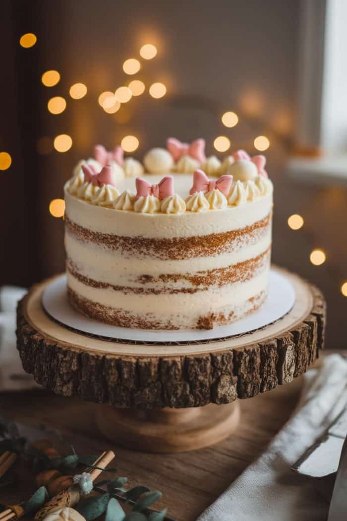 A semi-naked cake with layers of cream frosting, topped with pink bows, sits on a rustic wooden stand. Soft, warm fairy lights twinkle in the blurred background.