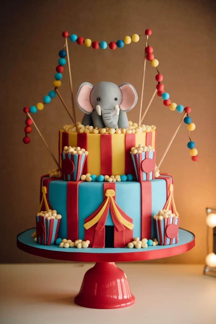 A colorful two-tier circus-themed cake on a red stand, decorated with an elephant topper, fondant popcorn, and balloons. The cake is designed with red, yellow, and blue stripes and a small circus tent facade.