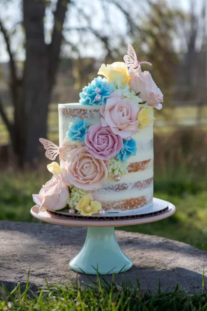 A rustic, semi-naked cake decorated with pastel-colored flowers and butterflies sits on a light blue cake stand outdoors, with trees and grass in the background.
