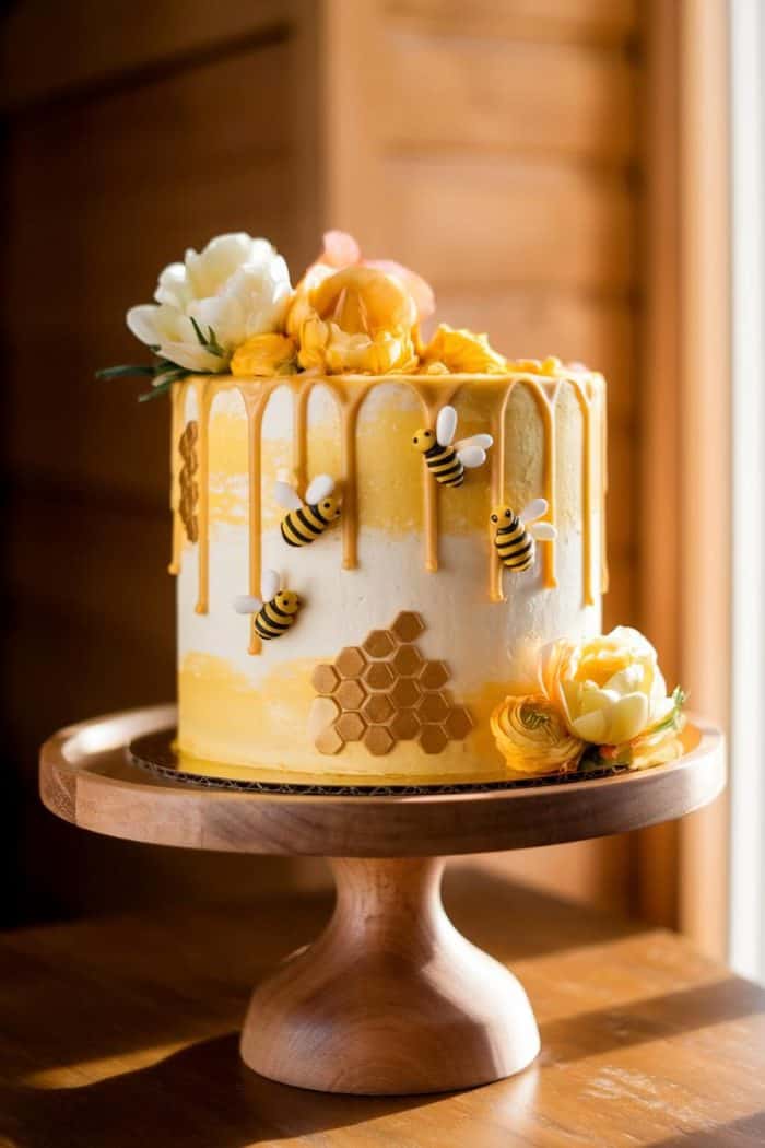 A cake decorated with honeycomb patterns, dripping honey-like icing, small fondant bees, and yellow and white flowers. It sits on a wooden cake stand, with sunlight streaming in from the right, highlighting its details.