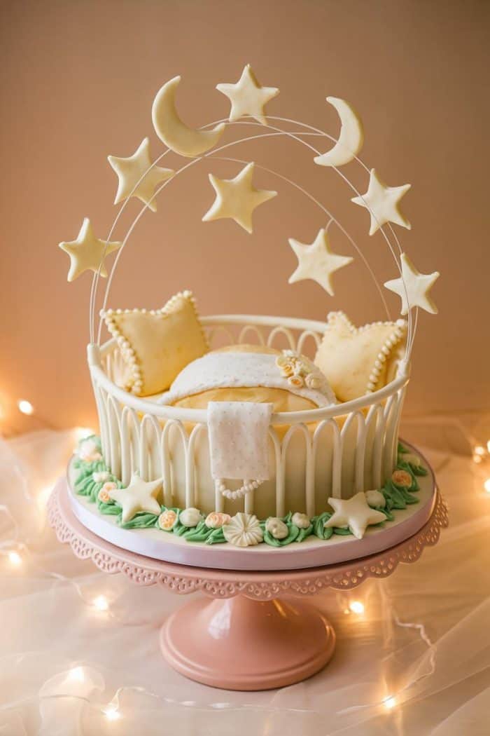 A cake designed as a baby crib with white railings, decorated with star and moon shapes on wire arches. It features pillows and a blanket. The base has green icing leaves and small flowers, placed on a pink stand with soft lights around.