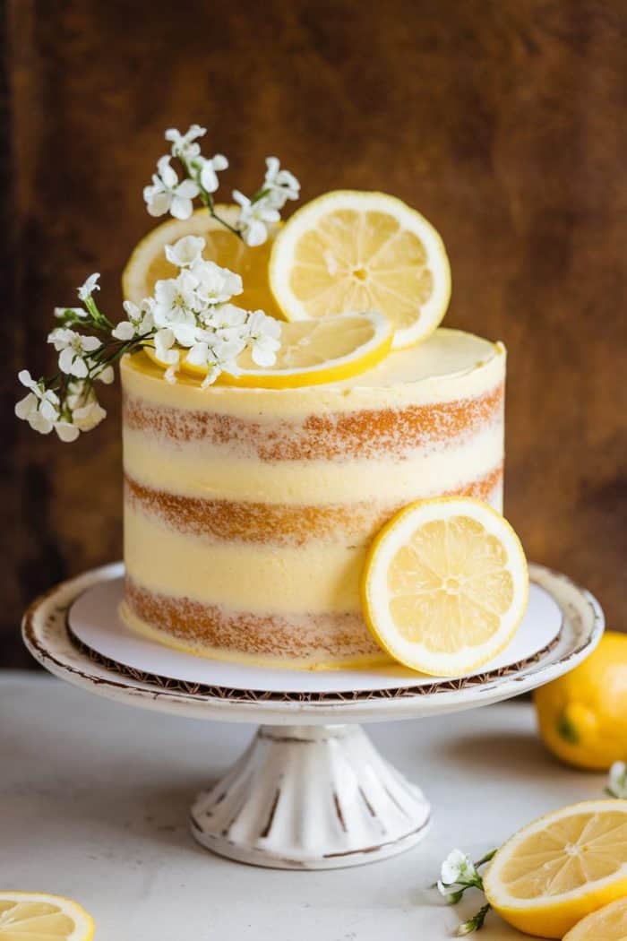 A semi-naked lemon cake garnished with lemon slices and white flowers sits on a rustic white cake stand. The background is a warm brown, and additional lemons lie on the white surface nearby.
