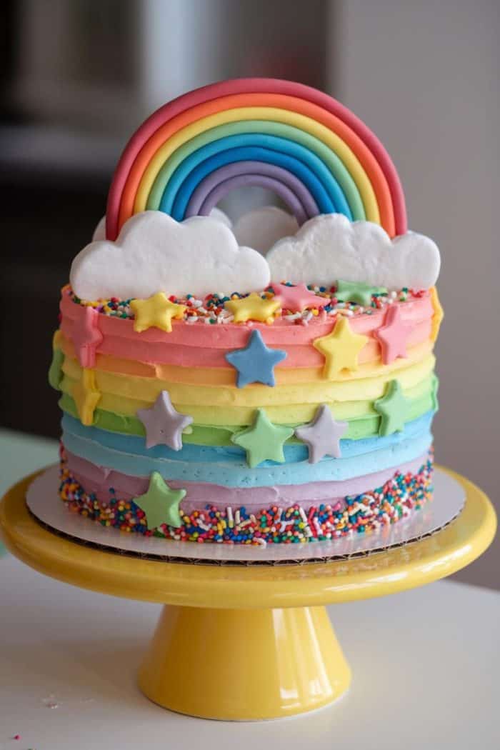 A vibrant, multi-layered cake decorated with rainbow-colored icing, topped with a fondant rainbow and clouds. Star-shaped fondant decorations and sprinkles adorn the sides. The cake sits on a yellow stand.