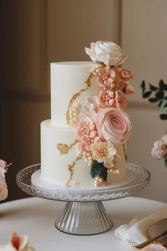 A two-tiered white cake adorned with pink and peach flowers, gold leaf accents, and pearls stands on a glass cake stand. The elegant design captures a soft, romantic ambiance suitable for weddings or celebrations.