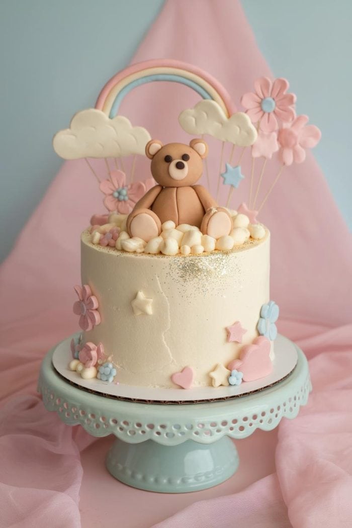 A pastel-themed cake topped with a teddy bear and decorated with clouds, a rainbow, and pink flowers. The cake is adorned with star-shaped fondant and sits on a light blue cake stand.