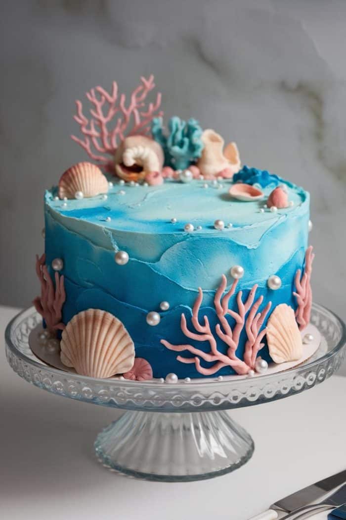 A beautifully decorated ocean-themed cake with blue frosting, adorned with edible seashells, coral, and pearl-like candies, placed on a glass cake stand.