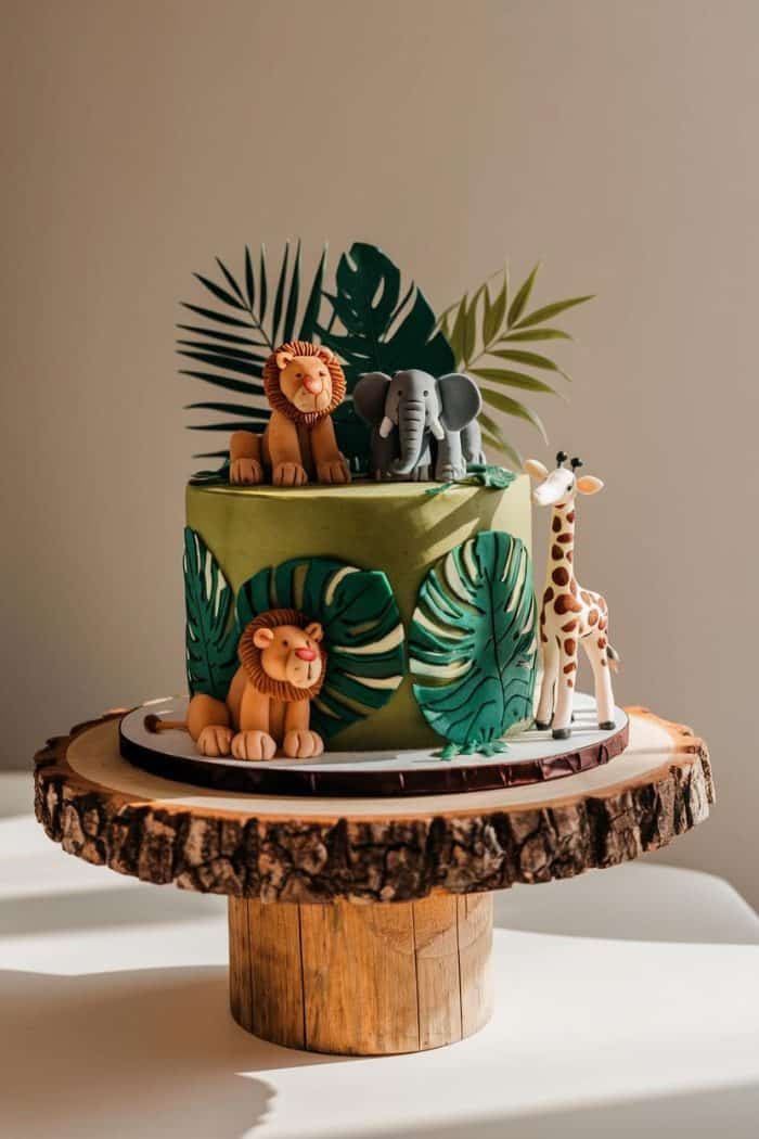 A jungle-themed cake on a wooden stand, decorated with fondant animals including a lion, elephant, and giraffe. Green leaves and plants surround the cake, creating a safari atmosphere.