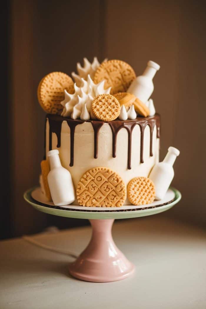A decorative cake on a pink stand, featuring white icing with a chocolate drip. Topped with various cookie shapes, including round biscuits and waffle-like designs, along with small fondant bottles.