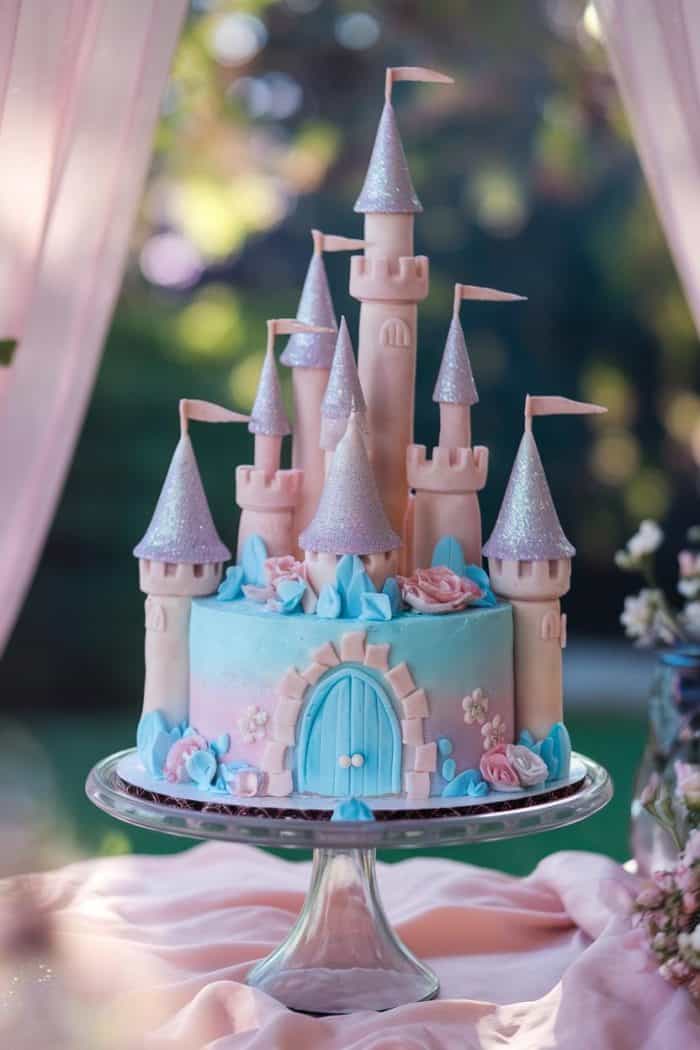 A fairytale-themed cake designed as a castle with pastel pink and blue colors. It features multiple towers with shimmering silver roofs and flags, set on a glass cake stand, surrounded by draped pink fabric.