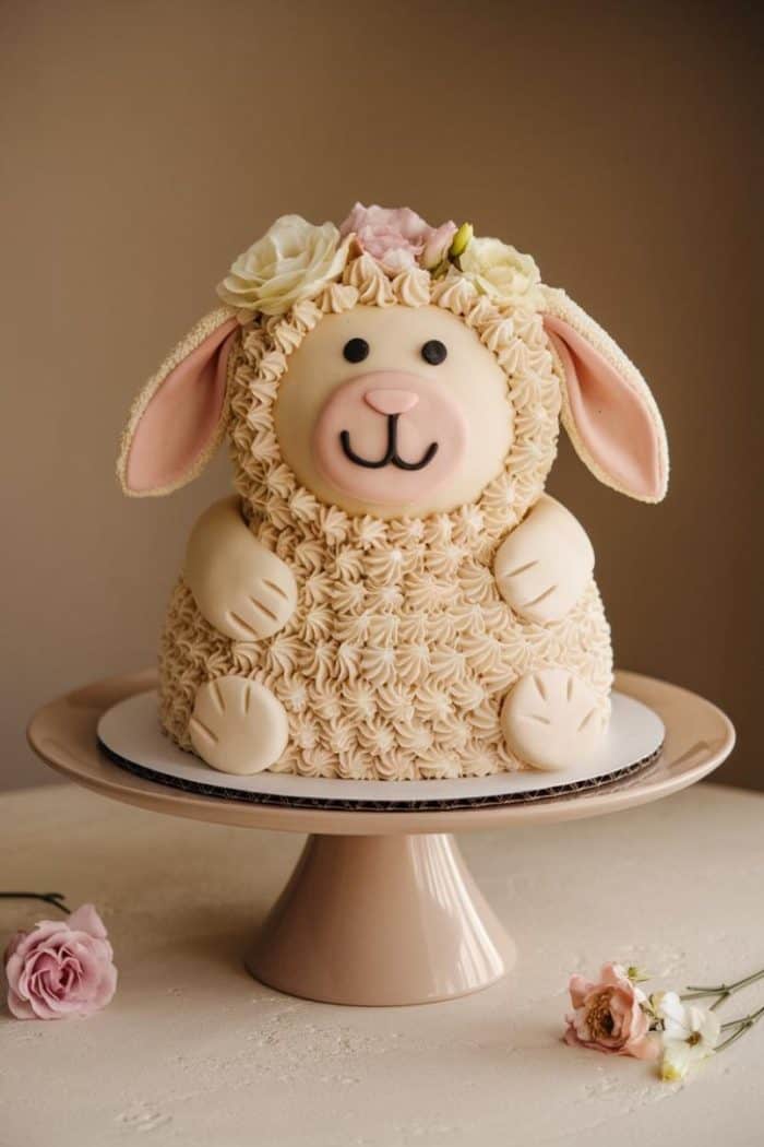 A cake shaped like a sheep with textured cream-colored frosting resembling wool. It has pastel pink ears, a smiling face, and is topped with pink and white flowers. The cake sits on a light pink stand with a few flowers around.