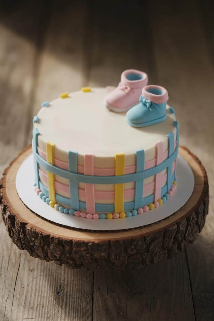 A round cake with pastel-colored fondant stripes and small beads around the base, topped with fondant baby shoes, one pink and one blue. The cake sits on a wooden slice, creating a rustic presentation.