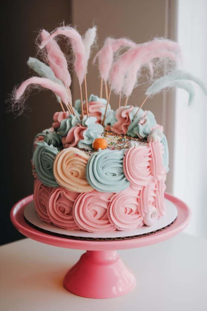 A whimsical cake decorated with pink and blue frosting swirls, colorful sprinkles, and cotton candy tufts on skewers. The cake sits on a pink cake stand against a neutral background.