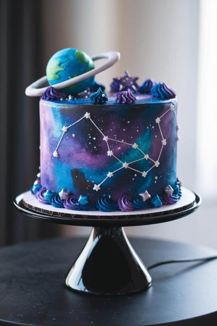A galaxy-themed cake with a smooth, blue and purple gradient design. It features a planet with a ring on top, star decorations, and a constellation made of sugar on the side. The cake is displayed on a black stand.