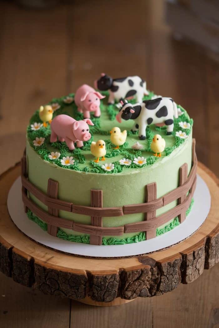 A round cake with green icing, featuring fondant farm animals: pigs, cows, and chicks. The cake is decorated with white flowers and a brown fondant fence, sitting on a wooden stand.