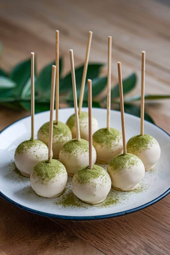 A plate of cake pops covered in white chocolate, each on a stick, sprinkled with green matcha powder. They are arranged neatly on a white plate with a blue rim. Green leaves are in the background, on a wooden table.