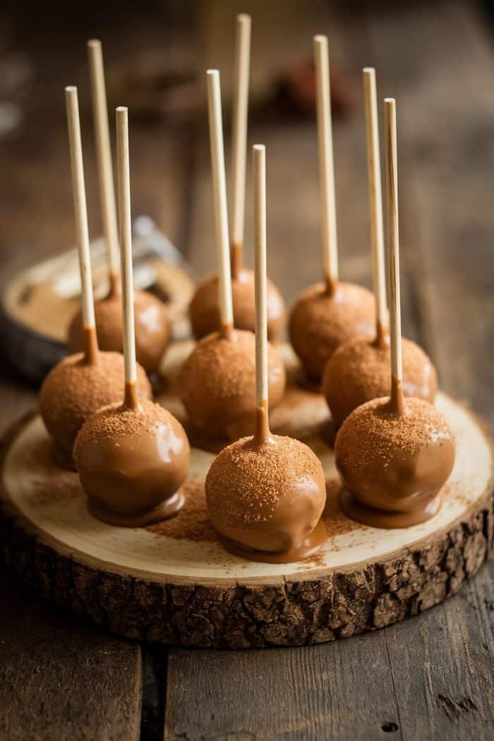 Chocolate cake pops arranged on a rustic wooden platter. Each pop is coated in chocolate and topped with a dusting of cocoa powder. Wooden sticks hold them upright, and the background features a blurred, warm-toned setting.