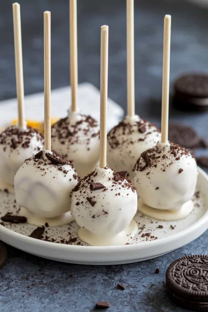 A plate of six chocolate cake pops coated in white icing, each with a wooden stick. The pops are sprinkled with crushed chocolate cookies, and additional cookies are scattered on the gray table surface.