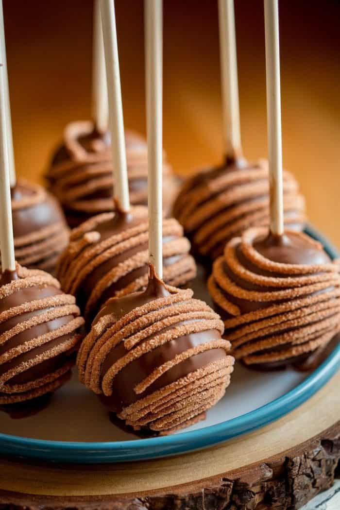 Chocolate cake pops decorated with creamy swirls are arranged on a blue-rimmed plate. The cake pops are set on long sticks, adding to their elegant presentation.