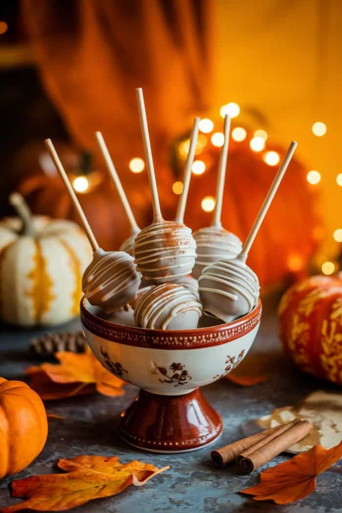 A decorative bowl holds six white chocolate cake pops with drizzle, each on a stick. The background features small pumpkins, autumn leaves, cinnamon sticks, and warm fairy lights, creating a cozy fall atmosphere.