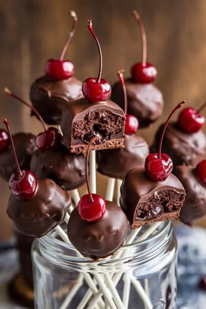 A cluster of chocolate cake pops with red cherries on top, arranged in a glass jar. The cake pops have a dark, glossy chocolate coating, and the cherries have long stems. One cake pop is bitten, revealing the rich, moist interior.
