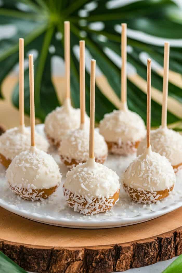 A plate of cake pops coated in white chocolate and sprinkled with coconut flakes is displayed. Each cake pop is on a wooden stick, and the plate rests on a wooden slab. Background features green leaves for decoration.
