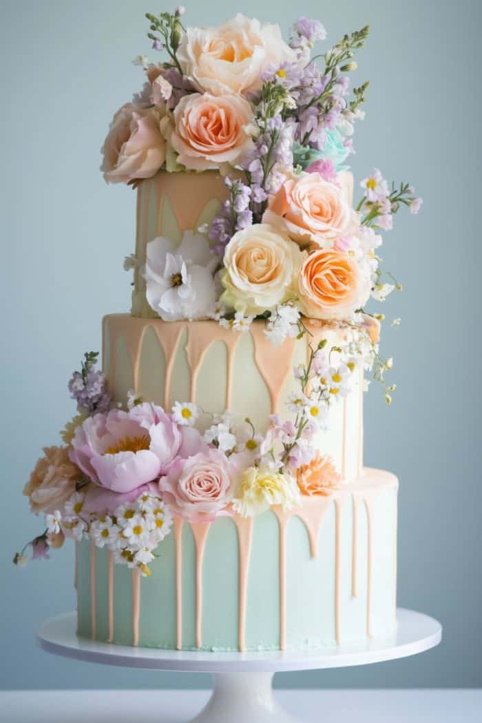 A three-tiered cake with pastel blue and peach icing, featuring a dripping design. It is adorned with large pink, peach, and white flowers, including roses and peonies, along with small white blossoms and greenery.