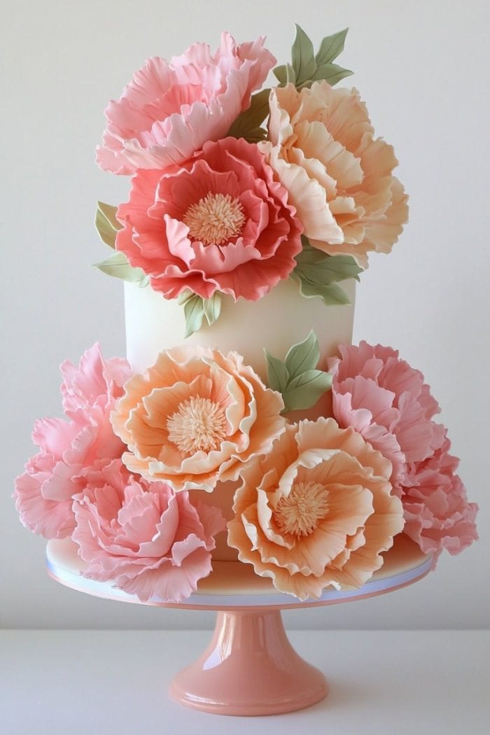 A tiered cake decorated with large, intricate peonies in shades of pink and peach. The flowers cascade down the cake, with green leaves accenting the arrangement. The cake sits on a pink stand against a plain background.