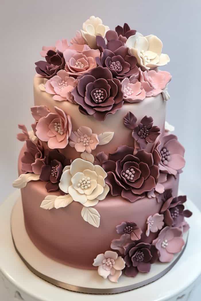 A two-tiered cake with a smooth, pink and mauve gradient finish, adorned with intricately crafted sugar flowers in shades of pink, purple, and white. The cake sits on a simple white stand, highlighting its elegant floral design.